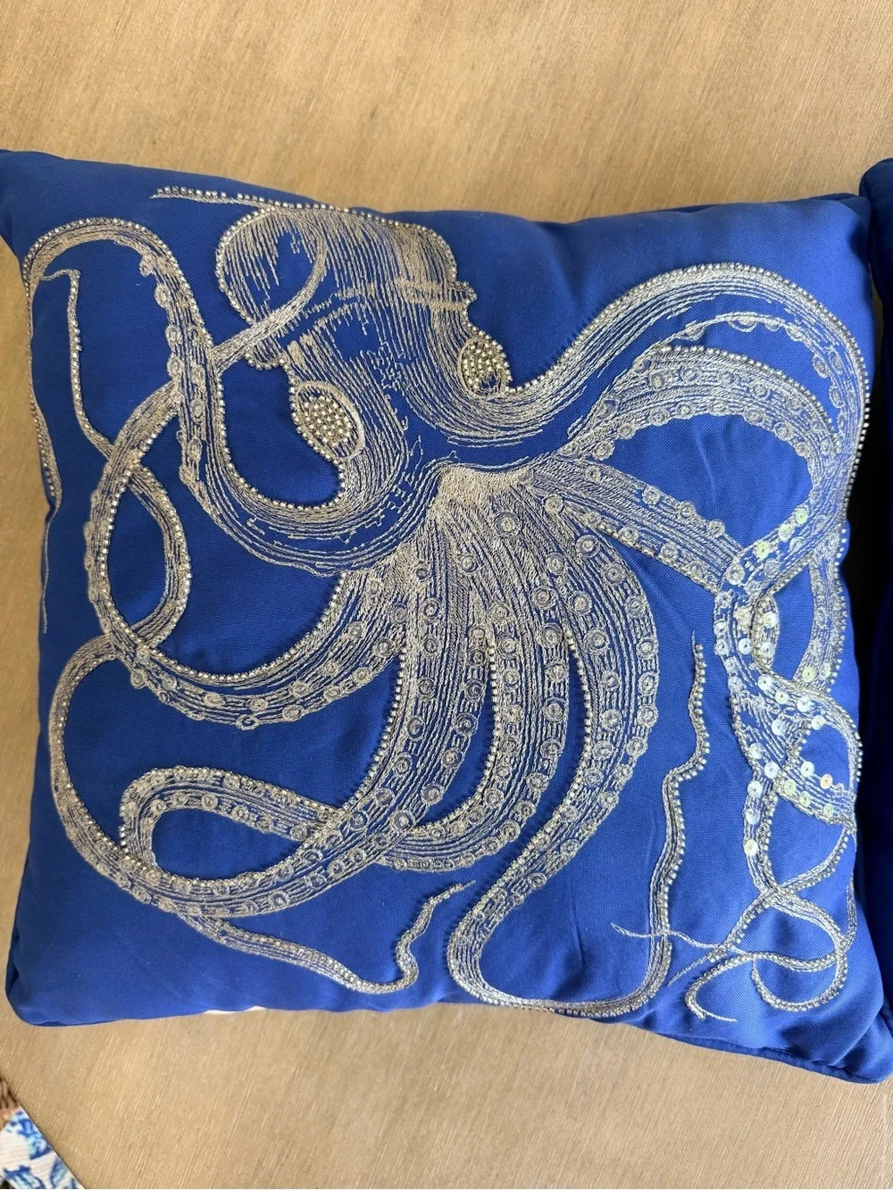 Blue Octopus Embroidered Throw Pillow Pair - Coastal Home Accent